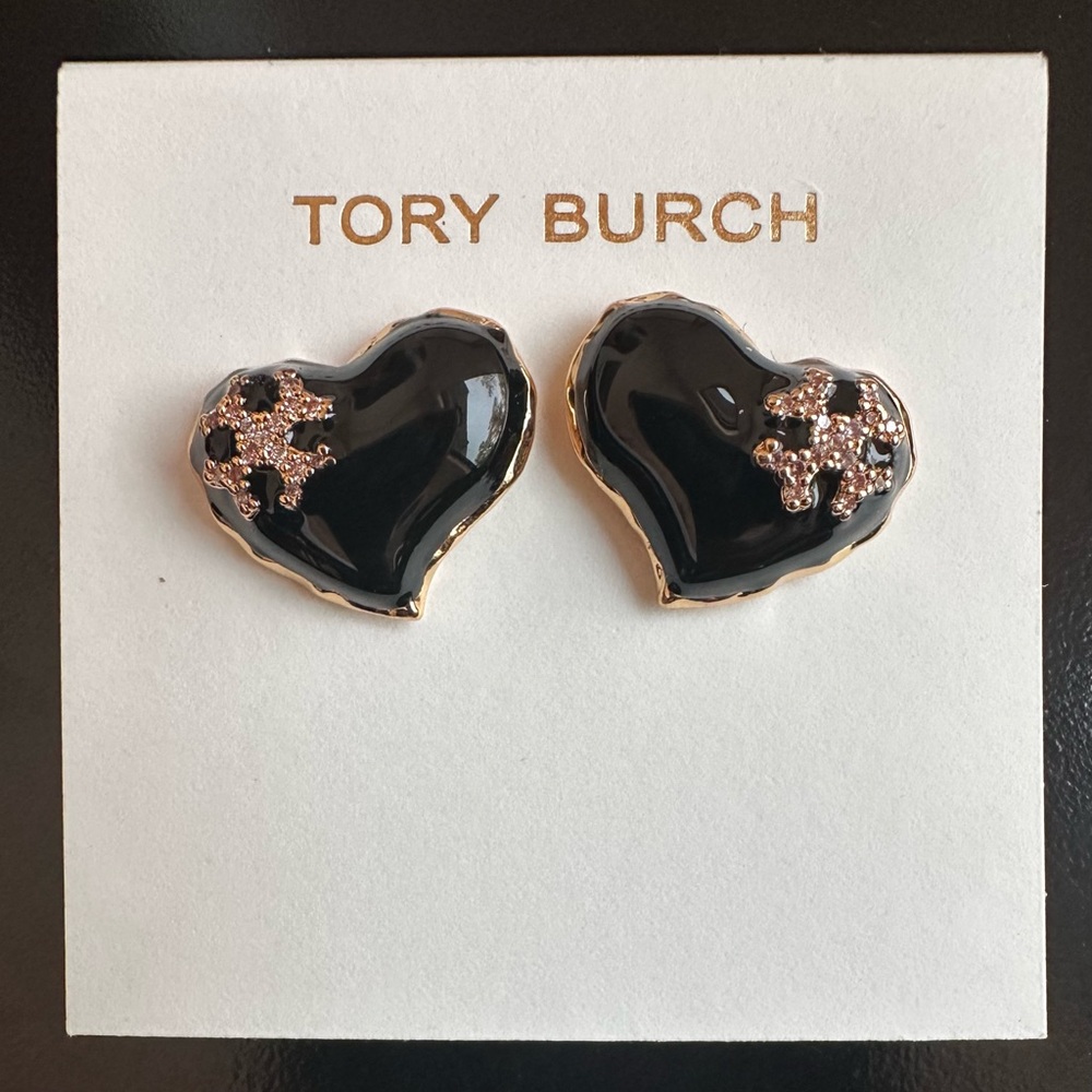 New Tory Burch Heart design Stud Earrings; Black Enamel & Gold w/TB Earring Card